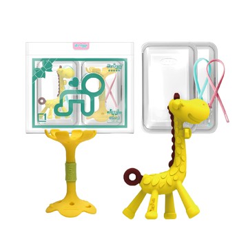 Ange 造型啃咬訓練固齒器  2個固齒器 + 2個矽膠鍊夾 + 2個透明保護盒  黃色長頸鹿 + 黃色花朵 + 矽膠鍊夾-顏色隨機  1組