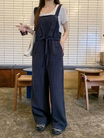 【missy shop】沉澱喧囂抽繩收腰棉麻吊帶褲圓領T恤套裝-79862