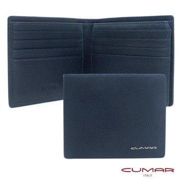 【CUMAR 義大利】真皮紋理-三層右上翻相片窗短夾-深藍色