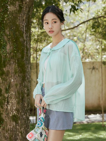 透肌水手翻領綁帶罩衫上衣