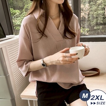 【LANNI 藍尼】現+預 韓版修身條紋翻領五分袖上衣(女上衣/休閒/百搭)