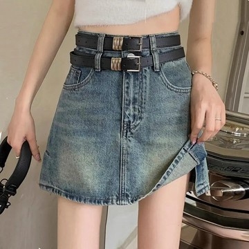 S-5XL 大碼美式短裙女 送腰帶 復古牛仔裙 夏季高腰 包臀顯瘦 辣妹短裙 開叉a字半身洋裝