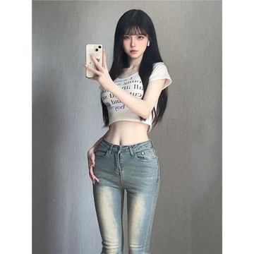 美式純欲風正肩白色短袖t恤女夏季緊身高腰顯瘦露臍辣妹短款上衣