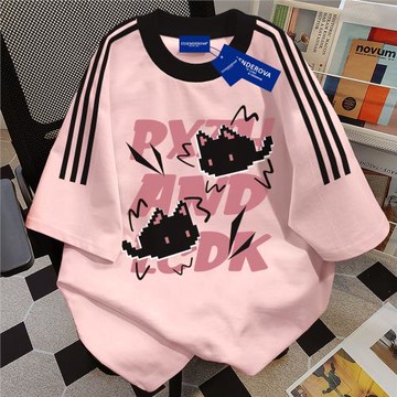 美式潮酷黑色小貓純棉短袖T恤女2025夏季設計感打底衫插肩袖上衣