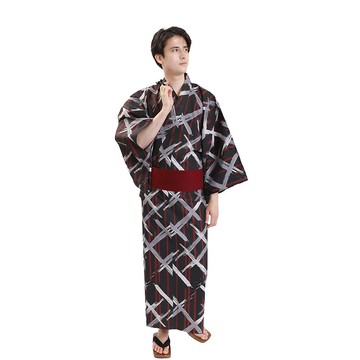 日本 和服 男 綿 浴衣 腰封 2 件 套組 L Z35-f3 yukata