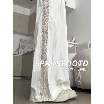 蕾絲闊腿褲女夏季薄款2025新款高腰休閑新中式國風白色冰絲涼涼褲
