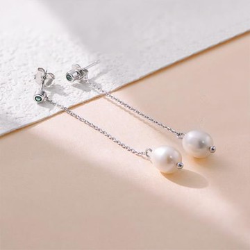 RJ New York 單顆珍珠優雅女神長流蘇銀針耳環(2色可選)