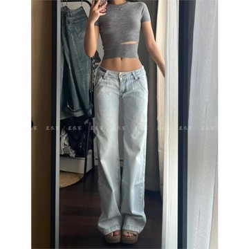 美式復古低腰淺色寬松牛仔褲子女秋季辣妹超低胯休閑直筒拖地長褲