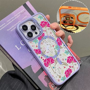 粉色小碎花 磁吸手機殼 金屬鏡頭支架 保護殼 適用於iPhone 17 16 15 14 13 12 11 Max防摔殼