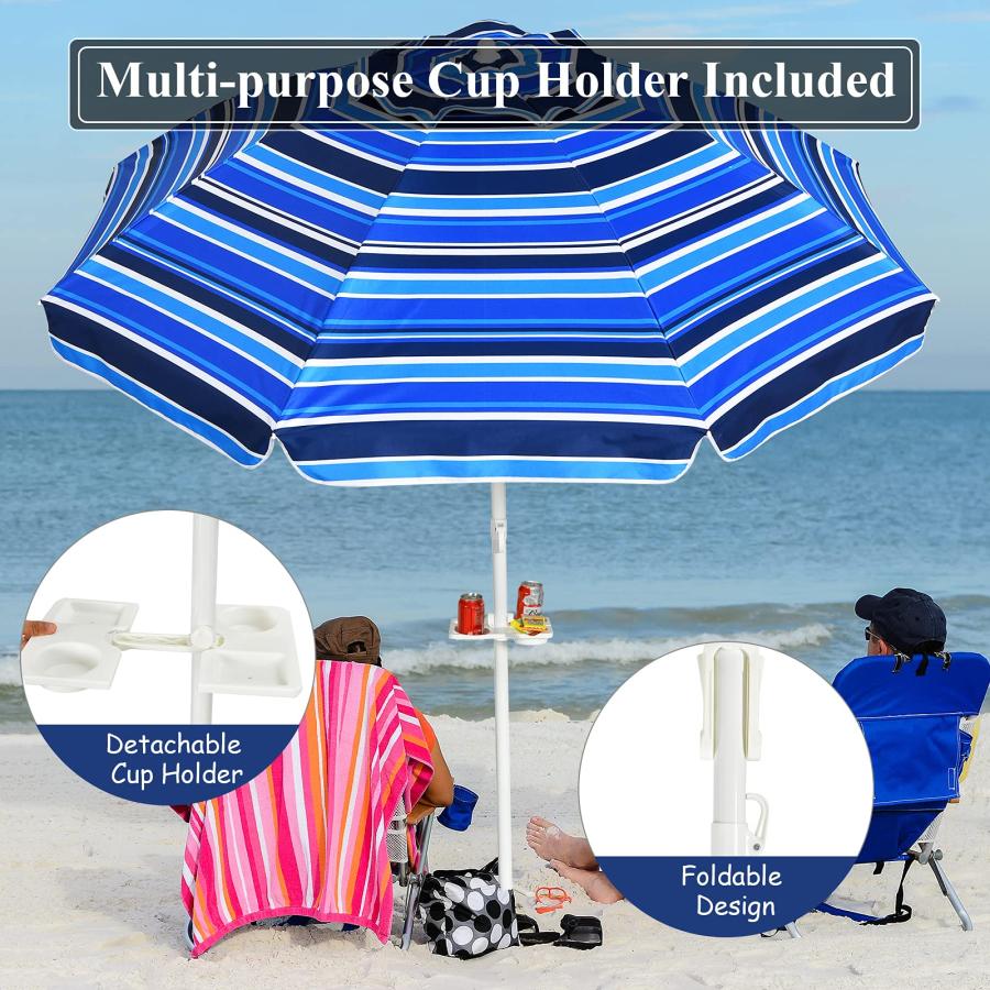 Tangkula 7.2 FT Beach Umbrella, Portable Beach Sunshade Umbrella W Sand Anchor, Tilt Mechanism, Sturdy Rib, Premium Steel Pole ＆ Carrying Bag, Fold