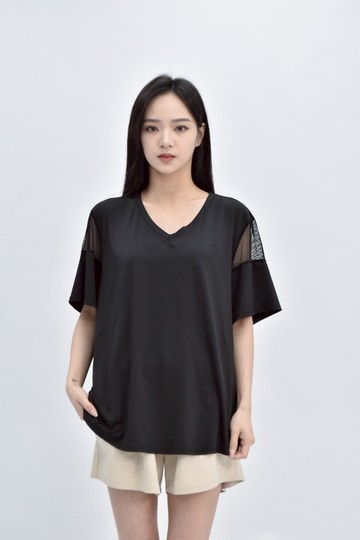 (2XL) 鏤空黑色短袖上衣