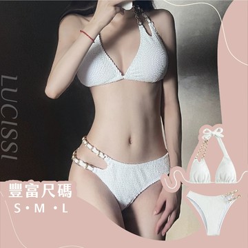 🏖️LUCISSI｜性感女神  三角比基尼  比基尼綁帶  深V爆乳  性感泳裝 鏤空金鍊 褶皺條紋 清爽透氣 現貨