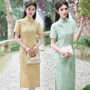 【米蘭精品】現貨+預購 新中式改良旗袍連身裙長裙A字裙百褶裙子大碼洋裝休閒女裝-短袖小個子2色74mb55