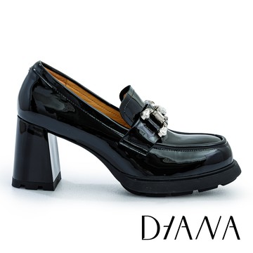 DIANA 典雅馬銜釦牛漆皮樂福高跟鞋 黑色 # 56290