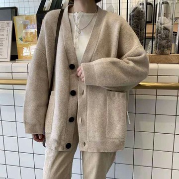 S-2XL 大尺碼毛衣外套 女毛衣 純色寬鬆針織開衫女口袋紐扣毛衣外套 慵懶風學生上衣長袖外搭 韓國毛衣 針織毛衣外套