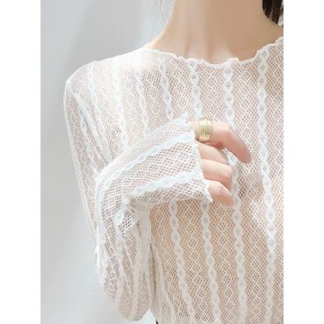 春秋長袖蕾絲打底衫女木耳洋氣內搭紗衣鏤空性感小衫白色網紗上衣