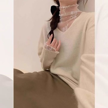 韓系白色蕾絲疊穿高領羊毛針織打底衫女秋冬季小香風毛衣內搭上衣