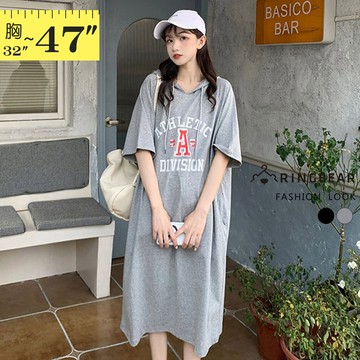 輕鬆休閒英文字母印花抽繩連帽短袖連身裙(黑.灰M-3L) 眼圈熊 中大尺碼 D593