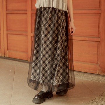 QUEENSHOP_S 女裝 格紋網紗雙層氣球長裙 兩色售 現+預 【03021729】