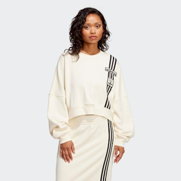 ADIDAS ORIGINALS 愛迪達 阿迪達斯 三葉草 復古嘻哈風 寬鬆 女長袖上衣-米白黑 CROP SWEATSHIRT-JD0084