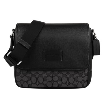 COACH 皮標LOGO緹花拚皮革磁釦方型斜背包（黑灰x黑）_廠商直送