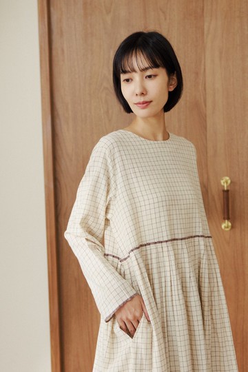 印度長袖格紋手織布洋裝_米白