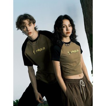 FORNINES美式復古插肩袖短款辣妹緊身短袖T恤女潮牌情侶半袖男夏