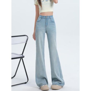 (免運)淺藍色天絲微喇牛仔褲女春夏薄款大碼胖mm高腰顯瘦冰絲直筒喇叭褲
