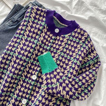 千鳥格拼色長袖針織衫女新款秋冬復古時尚保暖開衫毛衣外套