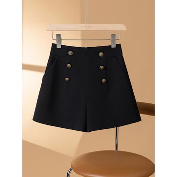 菠蘿夏黑色西裝短褲女春季2025新款高腰顯瘦雙排扣a字口袋闊腿褲