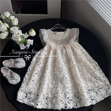 韓國女童連衣裙夏裝高級感兒童洋氣白色背心裙小女孩蕾絲公主裙子