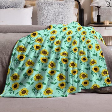 跨境法蘭絨毛毯向日葵圖案印花蓋毯節日旅行便攜兒童被子工廠批發