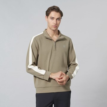 Pierre Cardin 男裝 棉質混紡微彈性素色半高領拉鍊長袖POLO衫-卡其色 (5245291-47)