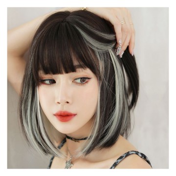 台灣現貨 送❶髮網❷鋼梳【挑染茶白色】短直髮 短髮 髮絲逼真 不易打結 空氣劉海 整頂假髮女 長假髮 長捲髮 假髮片