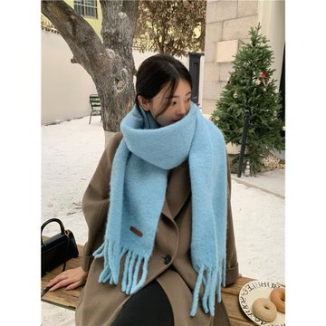 超美！藍色顯白含羊毛純色圍巾女冬季保暖高級感加厚圍脖長款披肩