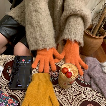 圣誕禮物手套~兔毛保暖針織手套女韓版百搭純色可愛分指日系手套1入