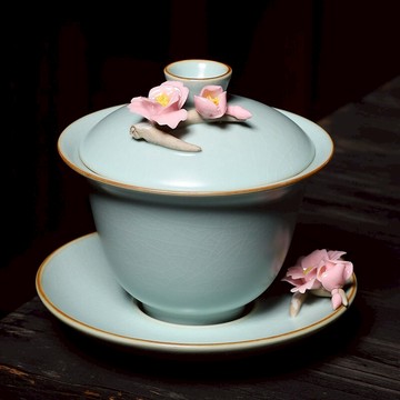 天青汝窯蓋碗茶杯單個大號功夫茶具三才蓋碗手工花開富貴泡茶蓋碗