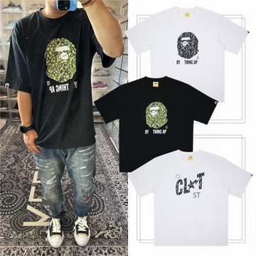 津范 陳冠希潮牌同款短袖女猿人頭印花荊棘迷彩寬松情侶嘻哈T恤男