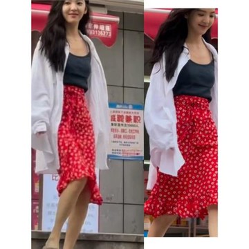 藏不住趙露思紅色波點性感碎花裙