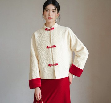 【納福紅裳】新中式復古風 肌理提花/盤扣夾棉短外套/半裙