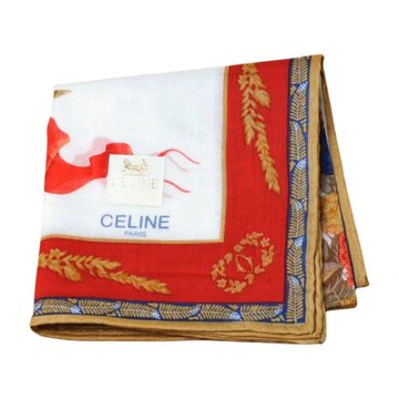 CELINE 紅金邊框花籃花卉圖騰字母LOGO帕巾(白底/48CM)