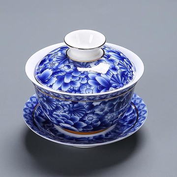 青花滿彩蓋碗手工描金泡茶碗陶瓷三才碗家用敬茶碗中式茶具宮庭風