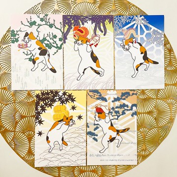 三花貓的獅子舞遊戲 - 祈福小物 - 明信片5張組 貓 動物 浮世繪 日本 和風