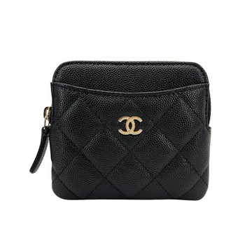 Chanel 菱格紋金雙C拉鍊卡夾/零錢包(AP2061-黑)