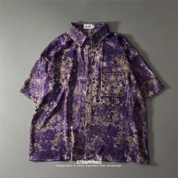 STRAPPING紫色印象涂鴉碎花短袖花襯衫男女夏威夷泰國復古日系