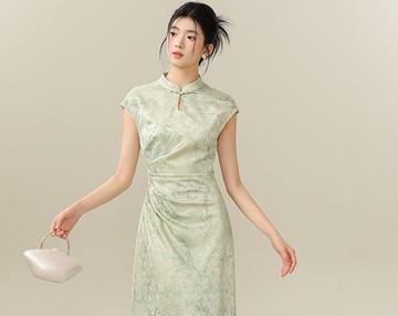 【碧玉】新中式復古中國風 水滴立領/收腰提花旗袍