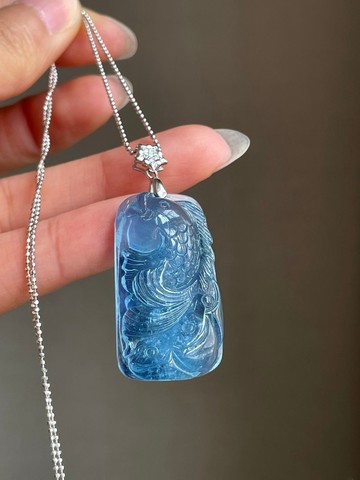 天然海藍寶魔鬼藍魚牌 925 銀鑲吊墜  送 925 銀鏈