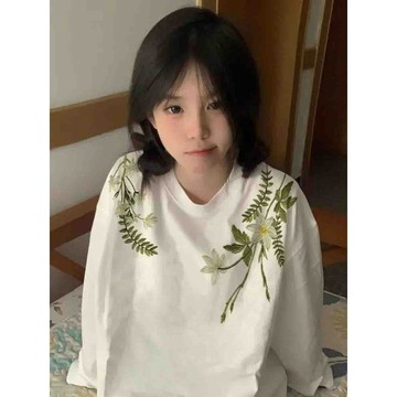 長袖女花卉印花外穿寬鬆T恤上衣重磅長袖秋冬新款小個子圓領潮流 衣 寬鬆T恤 長袖 內搭 百搭 上衣 針織帽衣  針