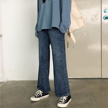 牛仔褲女春季新款韓版寬松顯瘦闊腿褲高腰百搭學生長褲子潮1入
