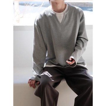 可樂生活自制 秋季慵懶風華夫格假兩件日系寬松長袖打底T恤男女